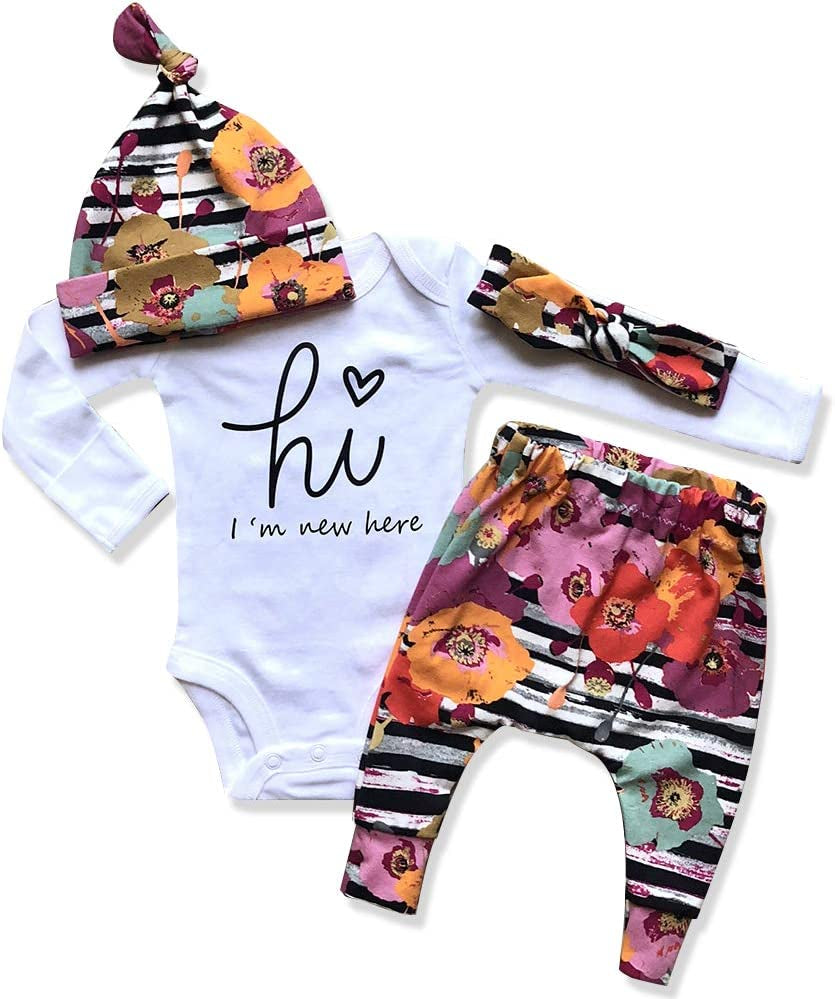 Newborn Baby Girl Clothes Hi I'M New Here Newborn Outfit Infant Romper Floral Pants Cute Baby Girl Outfits 4PC Set