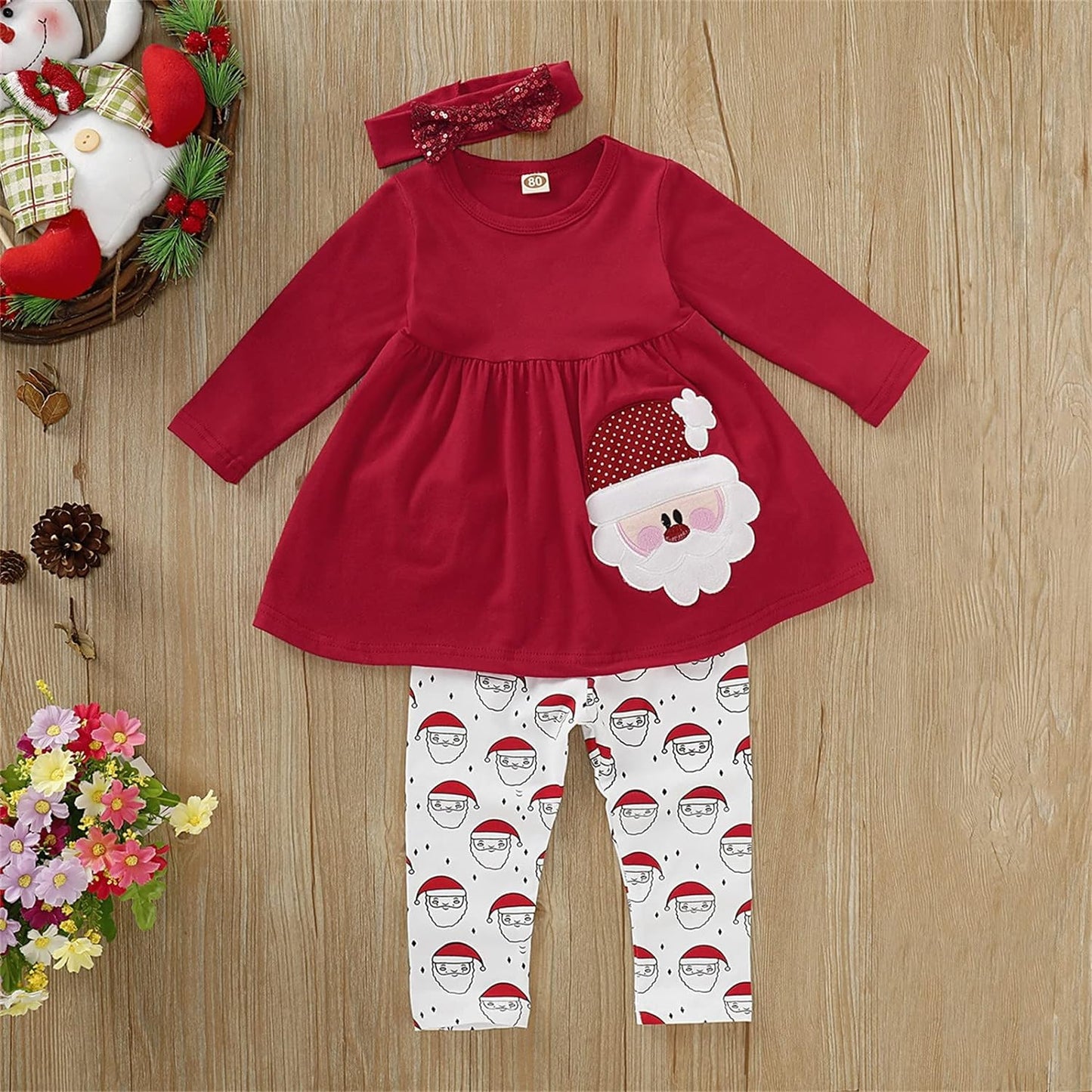 Baby Girl Christmas Outfits Toddler Xmas Cartoon Santa Long Sleeve Printed Tops+Pants Headbands Set Baby Girl Clothes F88