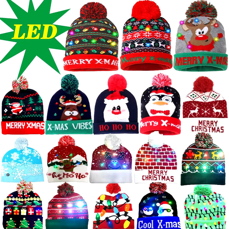 New Style! LED Christmas Hat Beanie Light up Illuminate Warm Hat 48 Patterns New Year Snowman Sweater Hat Christmas Decorations