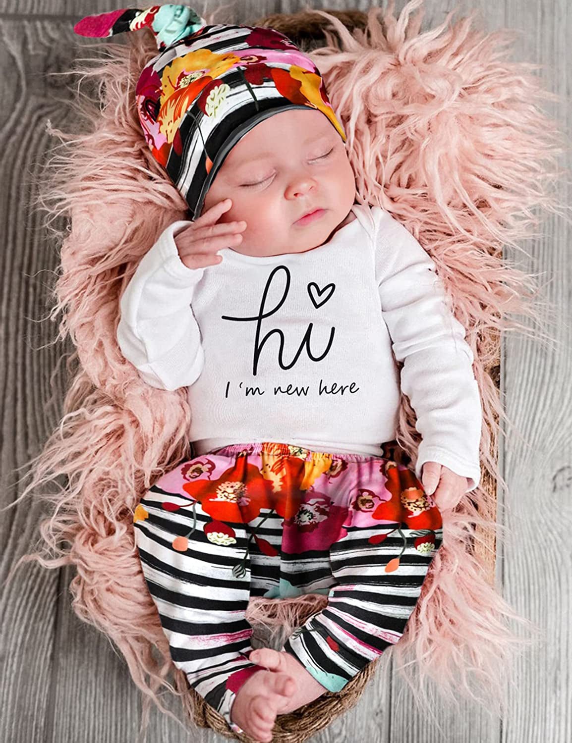 Newborn Baby Girl Clothes Hi I'M New Here Newborn Outfit Infant Romper Floral Pants Cute Baby Girl Outfits 4PC Set