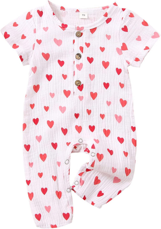 Newborn Baby Girl Valentine'S Day Outfit Heart Romper Cotton Linen Bodysuit Jumpsuit Summer Clothes 0-18M