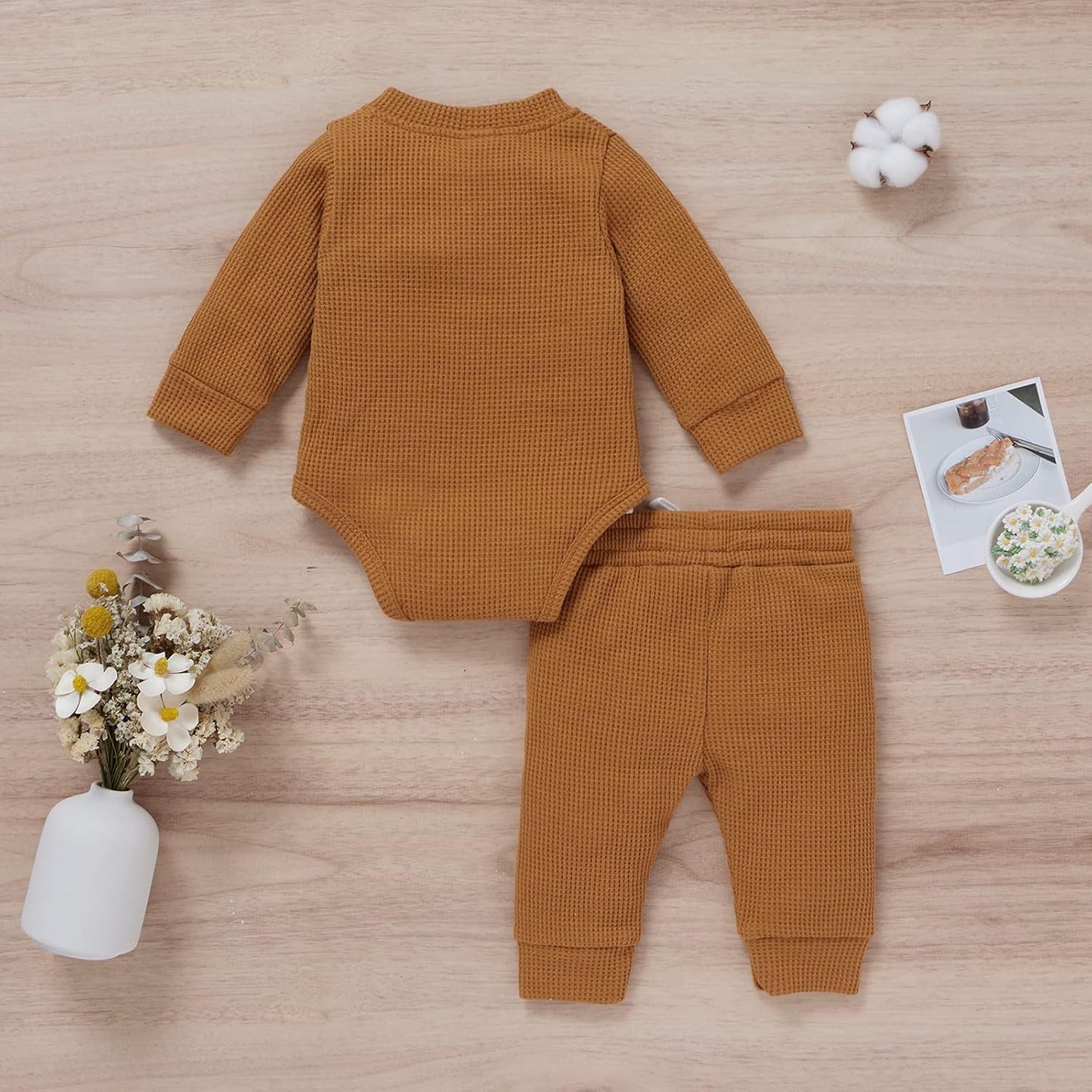 Infant Newborn Baby Boy Girl Clothes Cotton Long Sleeve Jumpsuits+Long Pants Fall Winter Solid Outfits Set (Caramel,12-18 Months)