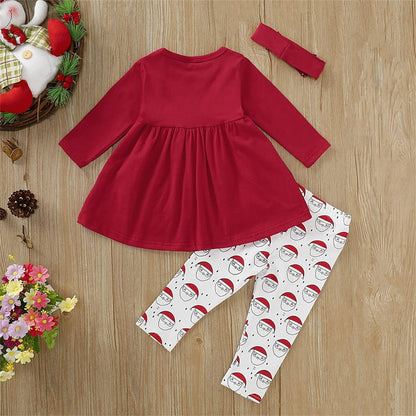 Baby Girl Christmas Outfits Toddler Xmas Cartoon Santa Long Sleeve Printed Tops+Pants Headbands Set Baby Girl Clothes F88