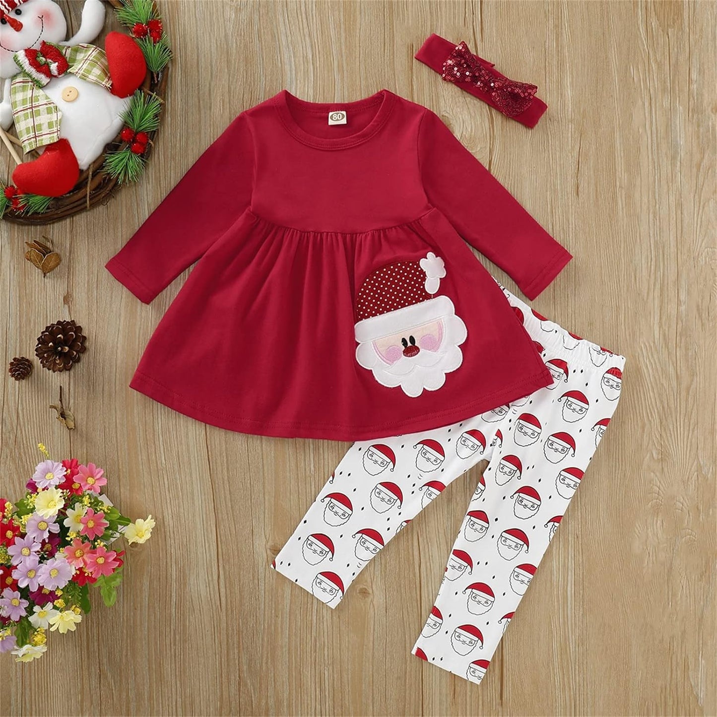 Baby Girl Christmas Outfits Toddler Xmas Cartoon Santa Long Sleeve Printed Tops+Pants Headbands Set Baby Girl Clothes F88