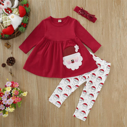 Baby Girl Christmas Outfits Toddler Xmas Cartoon Santa Long Sleeve Printed Tops+Pants Headbands Set Baby Girl Clothes F88