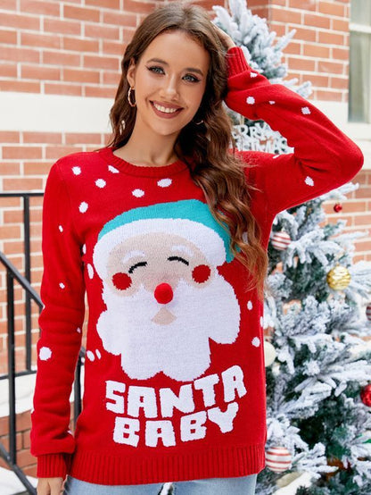 Women'S Tops Santa Pullover Sweater Autumn and Winter Letter Embroidery Christmas Red Sweaters Long Sleeve Crew Neck Clothes