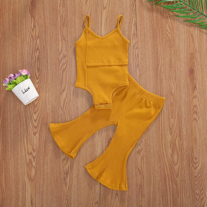 2Pcs Toddler Baby Girl Solid Color Knitted Outfit Set Halter Strap Splice Romper+Bell-Bottomed Long Pants Clothes (Yellow, 0-6M)