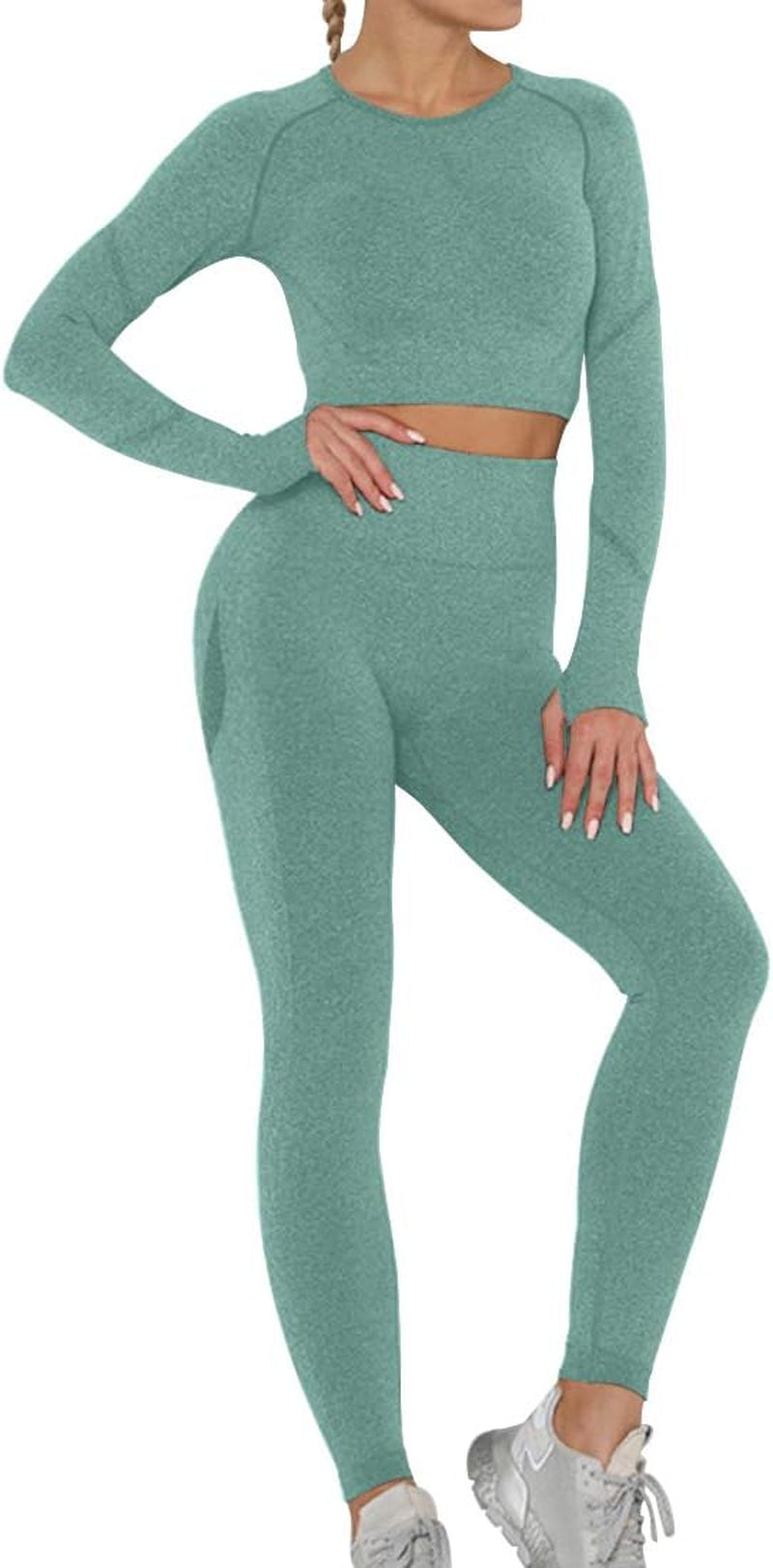 Women Butt Lifting Yoga Legging Long Sleeve Crop Top Tummy Control 2 Piece Workout Outfits Sets Green S